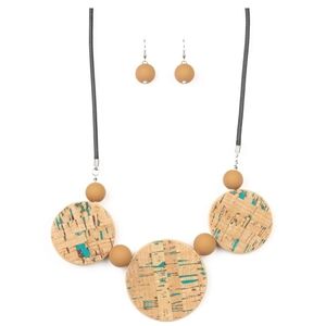 Boutique Paparazzi Brown and Blue Adjustable Cork Accent Necklace & Earrings